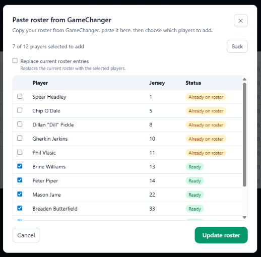 Paste GameChanger Roster into Inningly