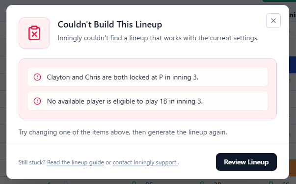 Couldn’t Build This Lineup window showing specific lock and lineup-rule conflicts