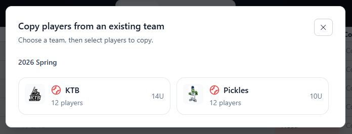 Copy-players modal listing prior teams grouped by season