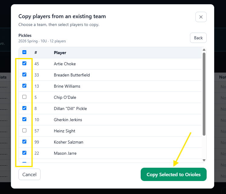 List of available players to copy with selection boxes on each row