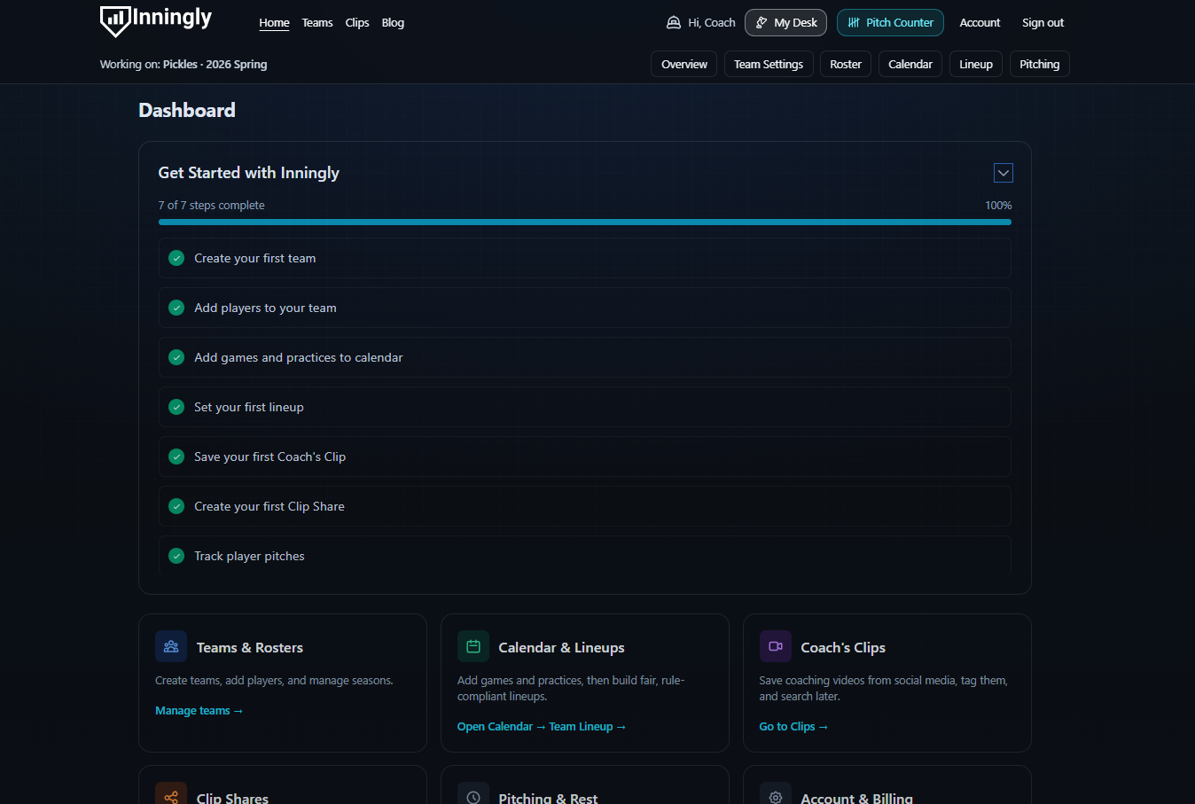 Inningly dashboard showing the primary team, lineup, pitching, and coaching resource features