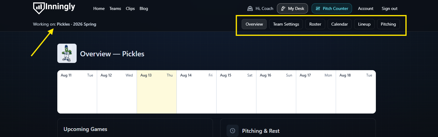 Team navigation with Overview, Team Settings, Roster, Calendar, Lineup, and Pitching