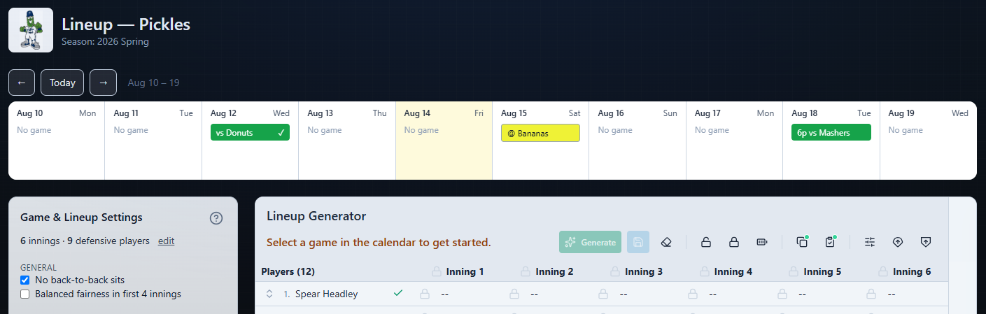Inningly lineup calendar strip with upcoming game ready to be selected