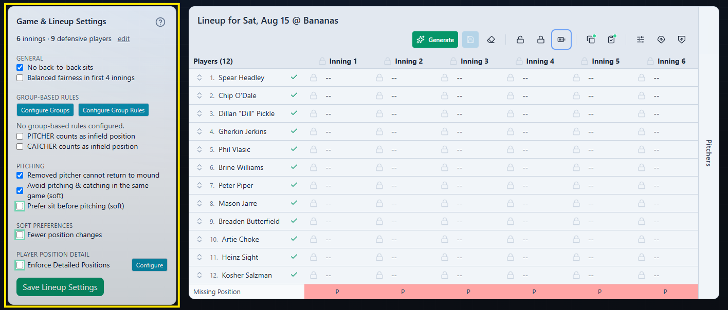 Game and Lineup Settings panel showing inning count, defensive-player count, and basic lineup rules