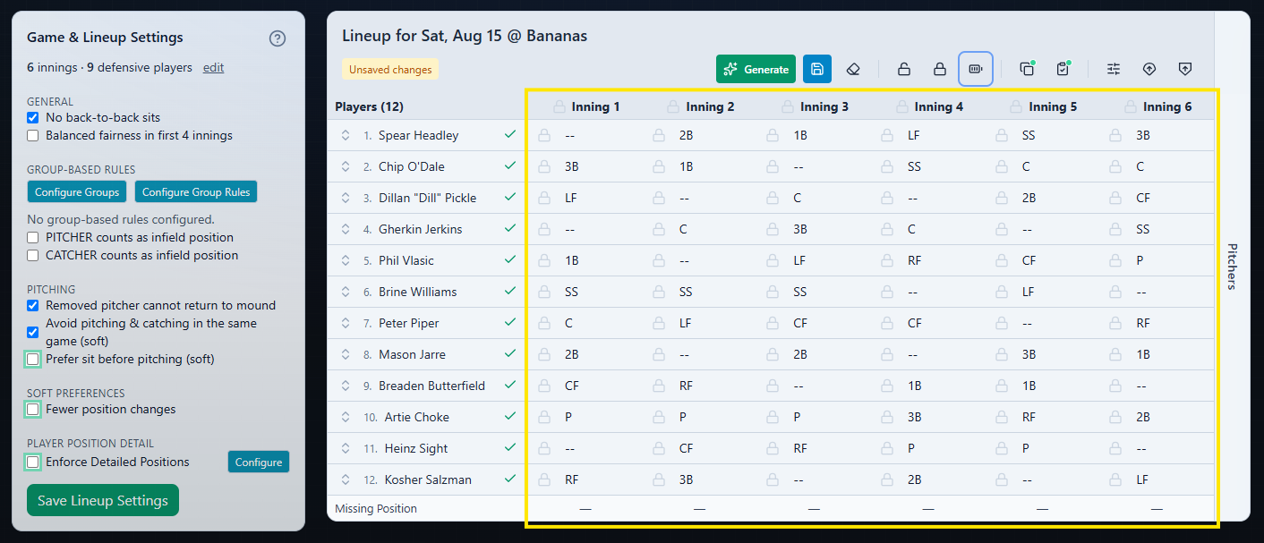 Generated defensive lineup with player assignments by inning and an Unsaved changes message