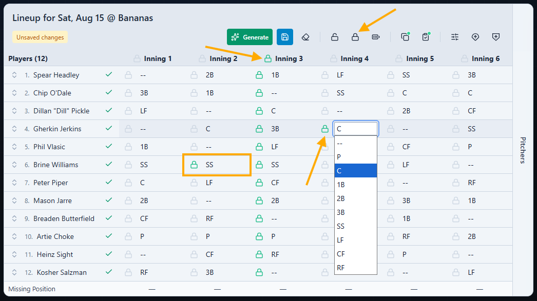 Lineup defensive grid with some locked selections and highlighted lock buttons