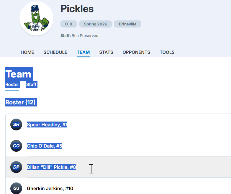 GameChanger Team tab showing a text highlighted roster names