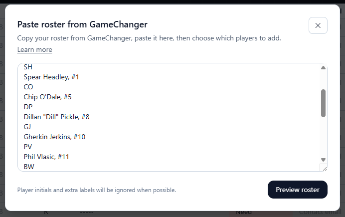 Paste roster from GameChanger window with fictional player names and jersey numbers entered as text