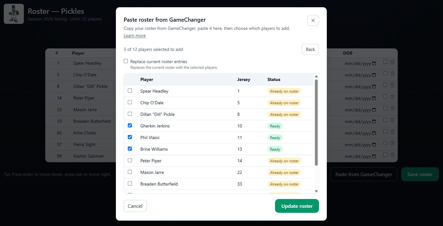 GameChanger roster preview showing selected players and import status labels