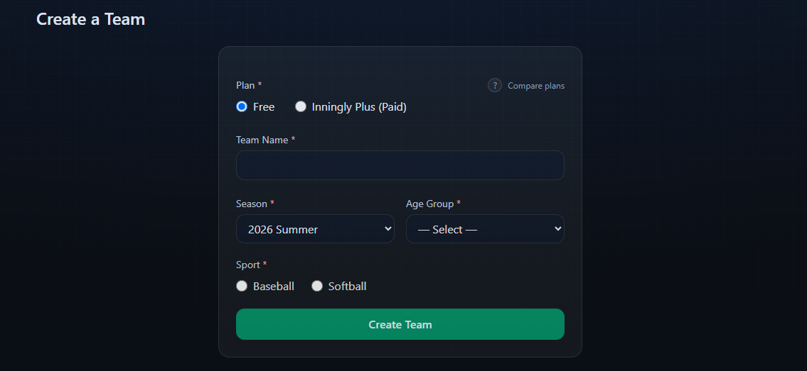 Create a Team form completed with fictional team information and the Free plan selected