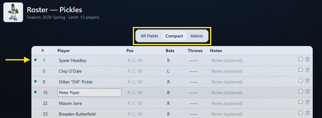 Team roster editor with player name, jersey number editing showing dirty row indicator and view buttons