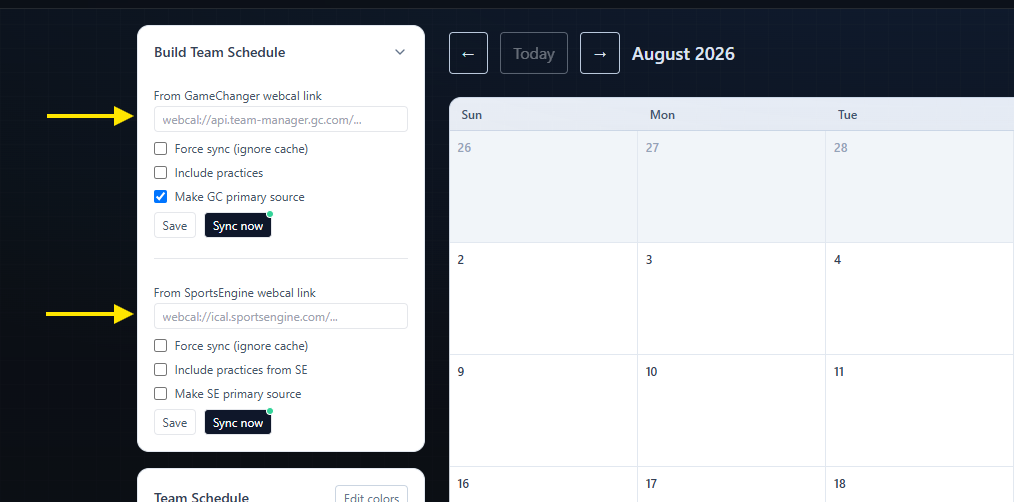 Build Team Schedule panel with GameChanger and SportsEngine calendar connection forms