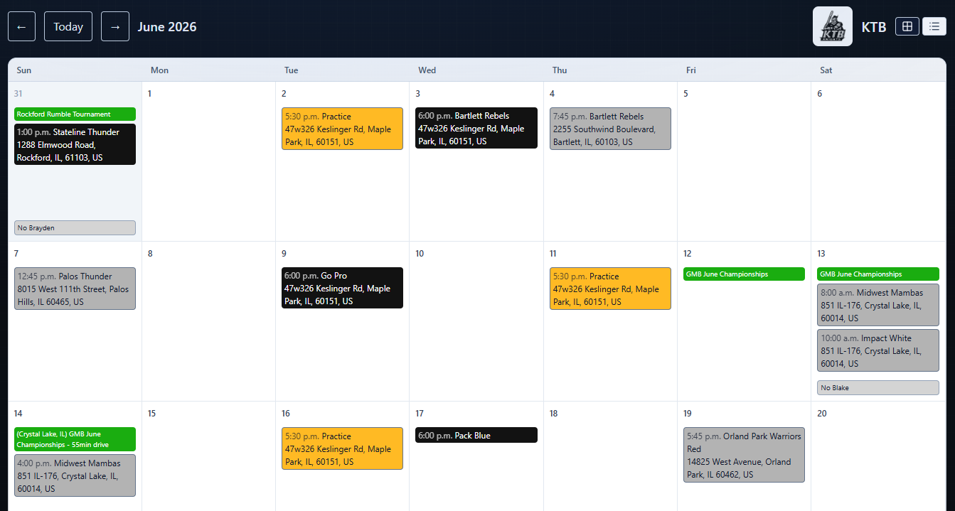 Inningly team calendar showing imported home games, away games, and practices