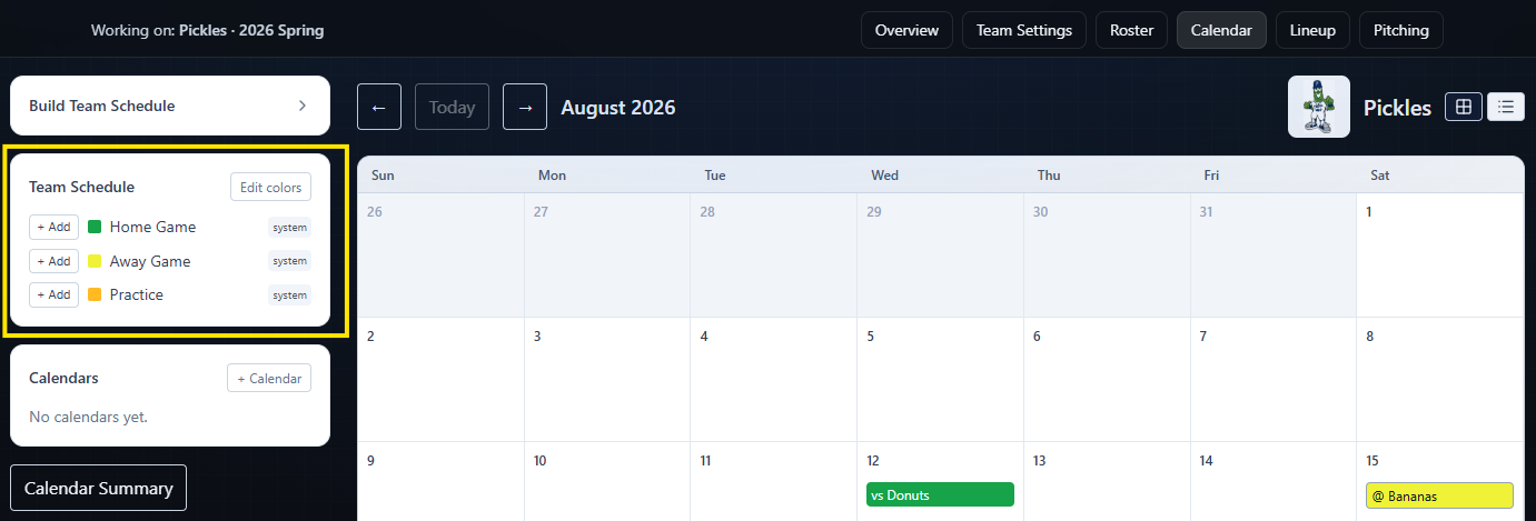 Inningly team calendar with quick-add controls for home games, away games, and practices
