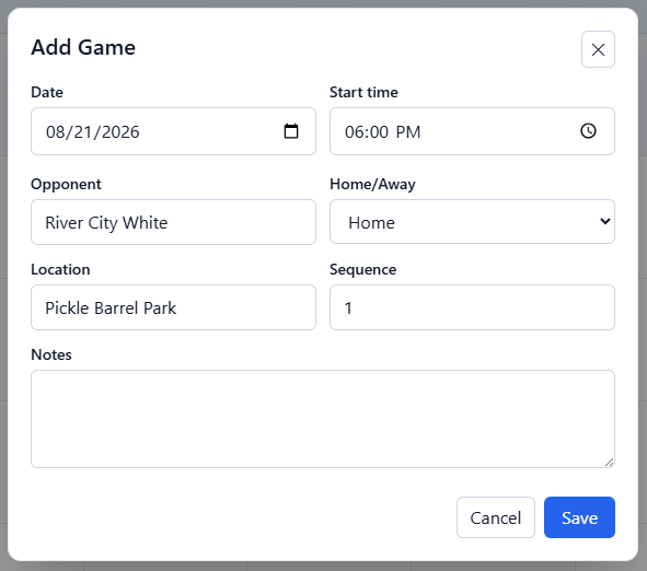 Add Game window completed with an opponent, date, start time, and home designation