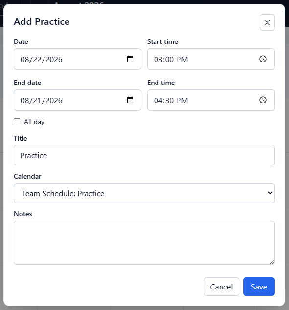 Add Practice window showing a practice saved to Team Schedule Practice