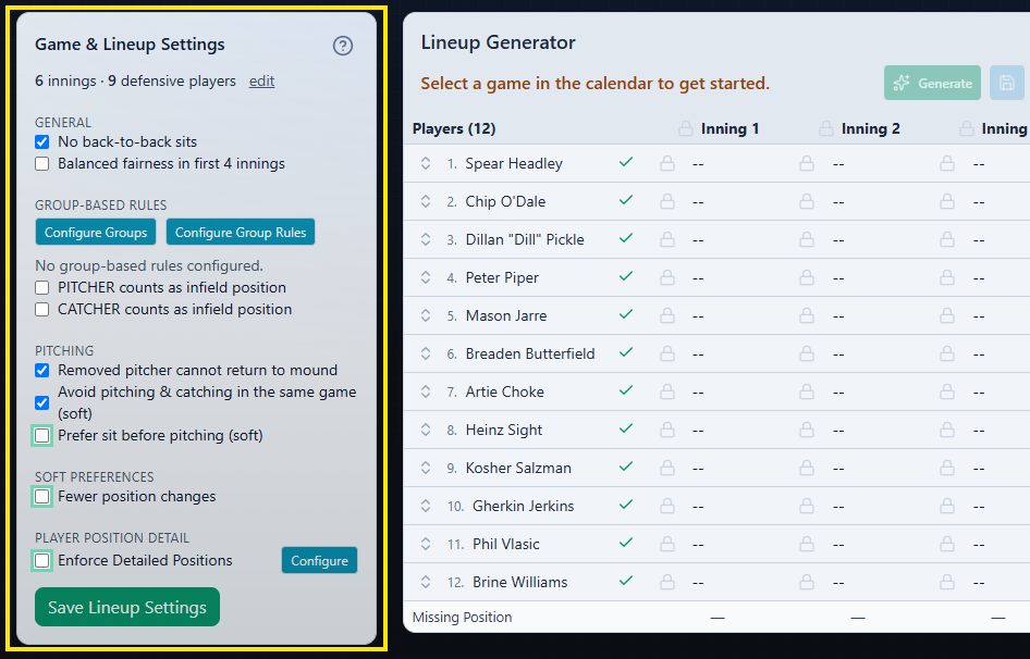 Game and Lineup Settings panel beside the defensive lineup grid