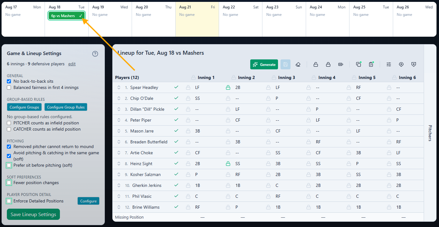 Completed and saved defensive lineup with no missing positions and a checkmark on the selected game