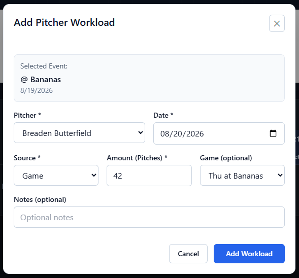 Add Pitcher Workload window completed with a fictional pitcher, game, date, source, and pitch count