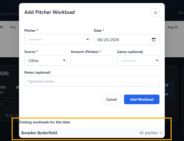Existing pitcher workloads for a selected date with a red delete control beside a fictional workload