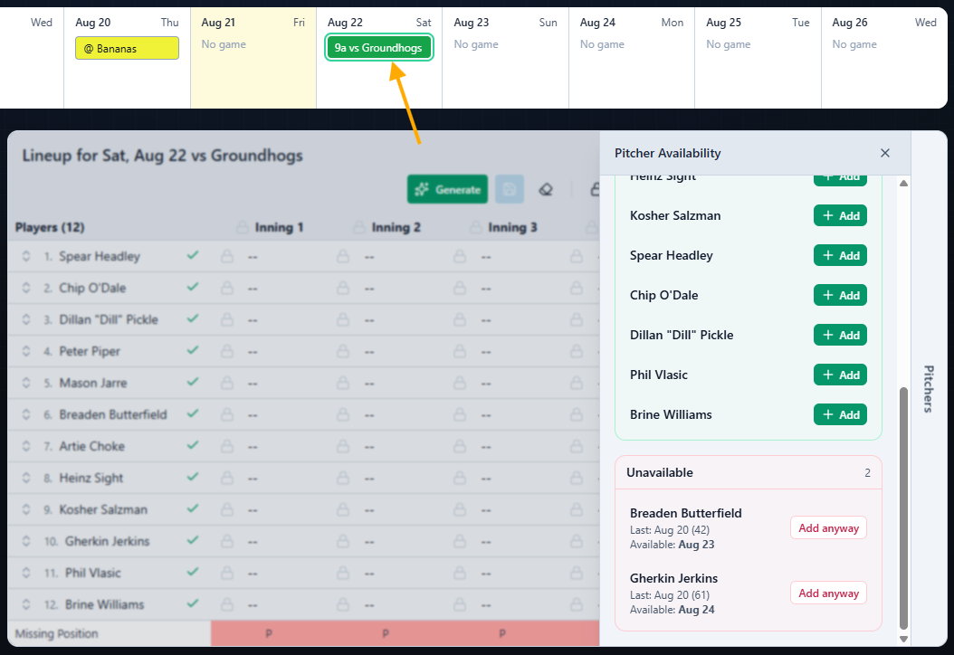 Pitcher Availability drawer showing available and unavailable pitchers for a selected game