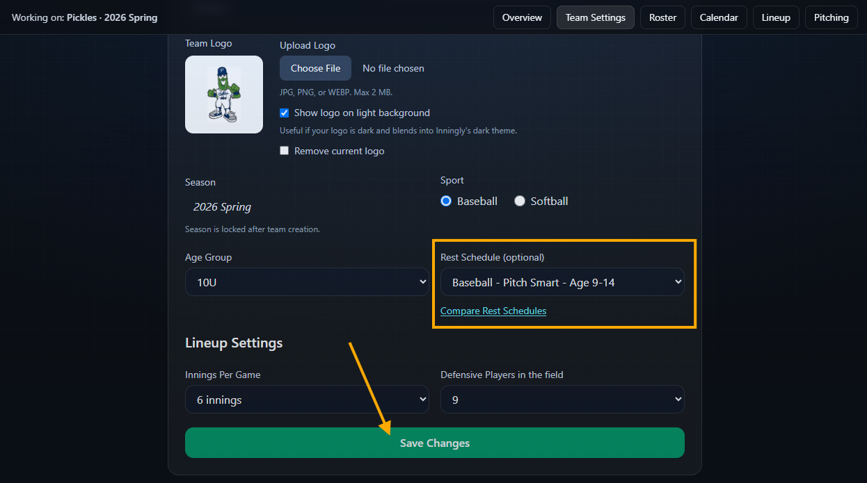 Team Settings showing separate Age Group and Rest Schedule fields