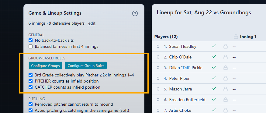 Group-Based Rules settings with an enabled third-grade pitching requirement and infield-counting options