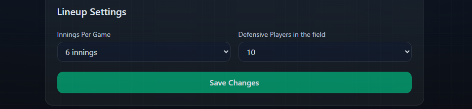 Team Settings Lineup Settings section with Defensive Players in the field set to 10