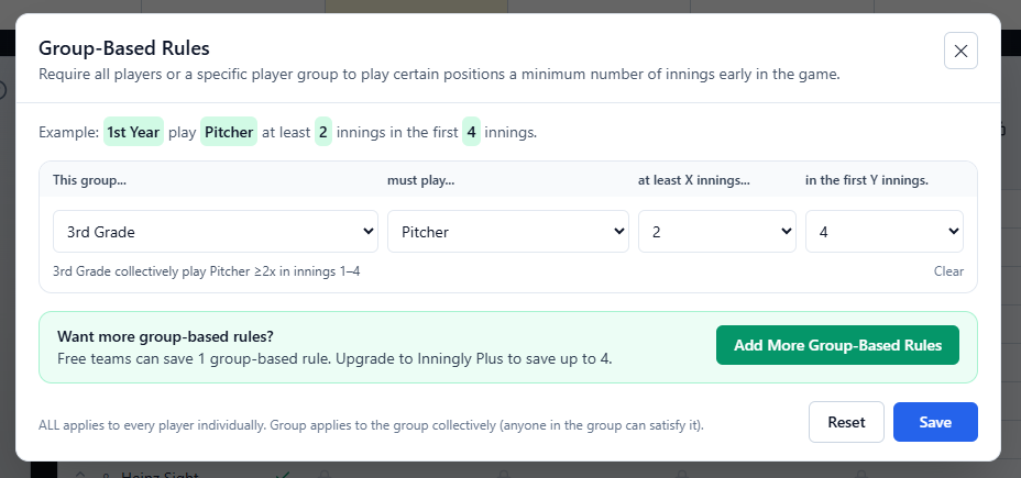 Group-Based Rules editor requiring third graders to pitch at least two of the first four innings